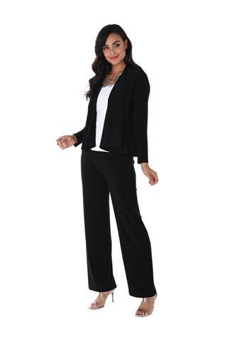 Person wearing a black suit on a white background