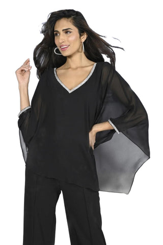 Frank Lyman Top with chiffon overlay ,  jersey base, a rhinestone-embellished V neckline -229120