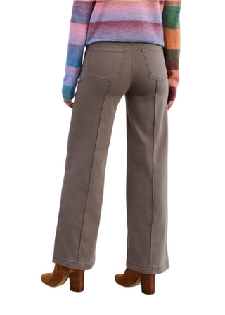 Person wearing brown pants and a colorful sweater against a white background