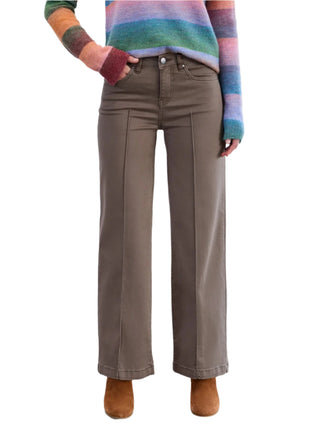 Person wearing a colorful sweater and brown pants against a white background