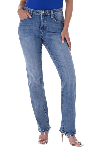 Frank Lyman denim pant, 5 pocket design, medium wash blue, elastic non roll waistband  - 246252U