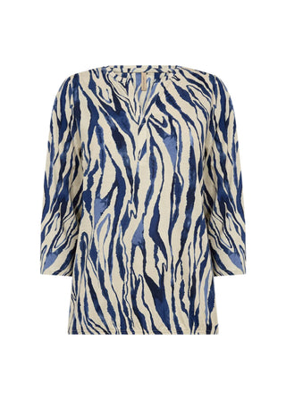 Blue and beige zebra patterned top on a white background