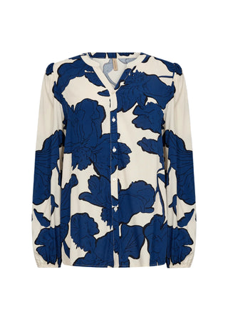 White shirt with blue floral pattern on a white background