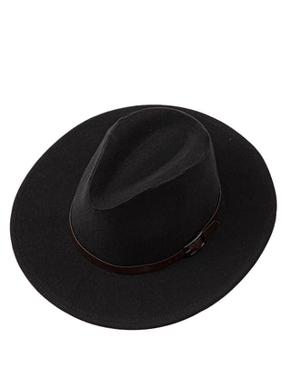 Black fedora hat with a brown band on a white background