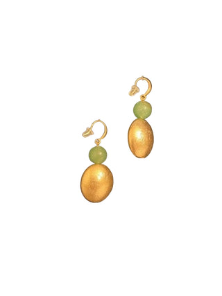 Pair of gold and green bead earrings on a black background