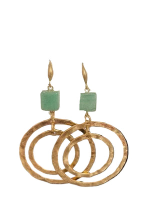 Gold hoop earrings with green square stones on a Merx branded card against a black background