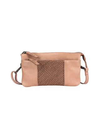 Beige handbag with woven pattern on a white background