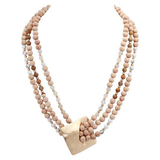 Merx 3 Strand Wooden Beaded Gold Medallion Necklace