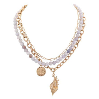 Merx Blue Semi Precious Stone and Gold Shell Necklace