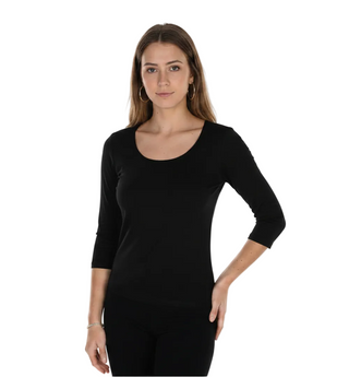 A woman modeling a black three-quarter sleeve scoop-neck top against a plain white background.