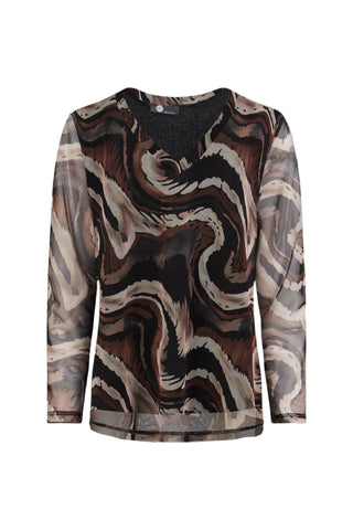 Long-sleeve shirt with a brown and beige abstract pattern on a white background