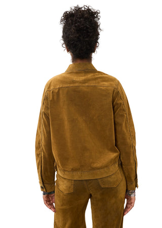 A person shown from the back wearing a mustard yellow suede jacket and matching suede pants against a plain light background.