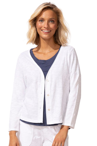 Woman wearing a white cardigan over a blue shirt on a white background