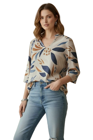 Softworks Leaf Print V neck Top