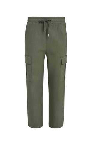 Green cargo pants on a light blue background