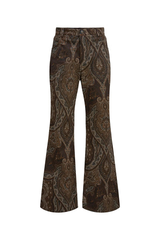 A pair of high-waisted, wide-leg trousers featuring an intricate brown paisley pattern with beige and muted blue accents, shown against a plain light gray background.