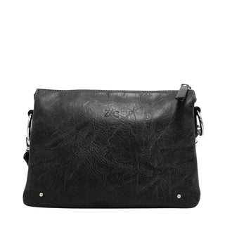 A black faux-leather shoulder bag with a distressed, crinkled texture, featuring a top zipper closure, a small embossed 'ZC' logo on the front, and silver-tone hardware.