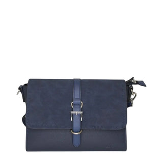 A navy blue crossbody bag with a flap closure, a central vertical strap and buckle, and a silver-tone metal clasp, shown against a light gray background.