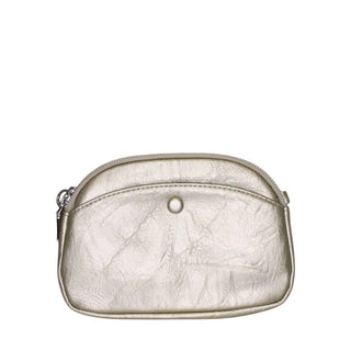 A small metallic silver pouch with a crinkled leather texture, featuring a top zipper, a silver snap button, and a silver zipper pull, shown against a light gray background.