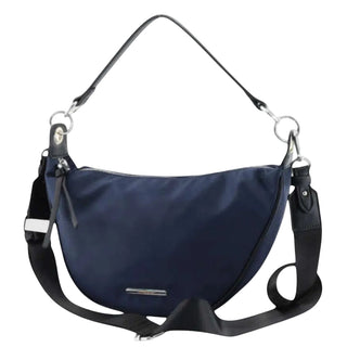 A navy blue nylon crescent shoulder bag with black leather trim and a black adjustable shoulder strap, shown against a light gray background.