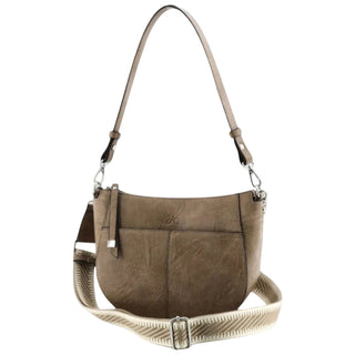 A taupe brown faux-leather shoulder bag with a wide beige woven webbing strap, shown against a light gray background.