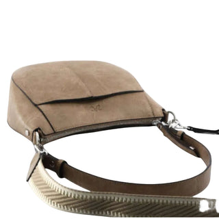 A taupe brown leather shoulder bag with a zippered front pocket and a wide, patterned beige-and-brown shoulder strap, shown against a light gray background.