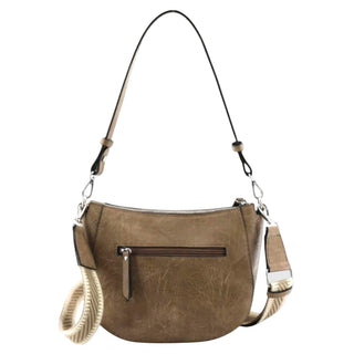 A brown faux-leather crescent-shaped shoulder bag with a distressed finish, featuring a front zippered pocket, a black leather shoulder strap, and a beige rope-style side strap, shown against a light gray background.