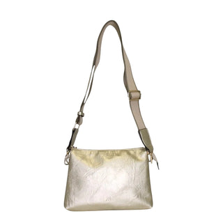 A metallic gold leather shoulder bag with a matching beige adjustable shoulder strap and gold-tone hardware, shown against a light gray background.