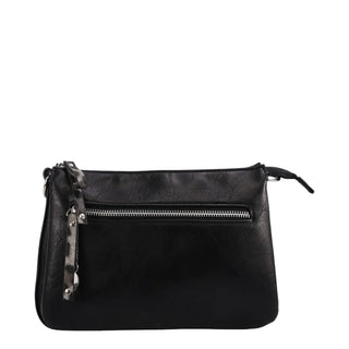 A black leather clutch bag with a horizontal silver zipper on the front, a dangling silver-toned charm with a patterned strap, and a top zipper closure, shown against a light gray background.