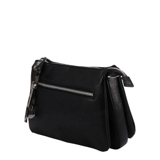 A black leather shoulder bag with a front zippered pocket and a patterned leather strap detail, shown against a light gray background.