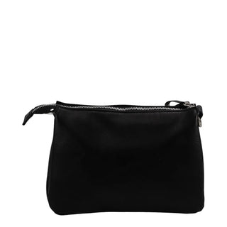 A black leather zippered pouch with silver-tone hardware, shown against a plain light gray background.