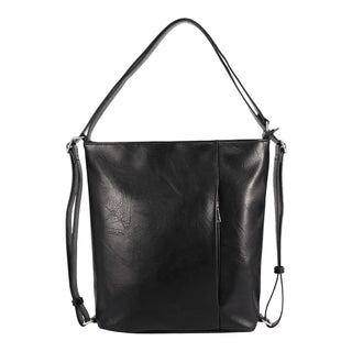 A black faux-leather shoulder bag with a single shoulder strap and a detachable crossbody strap, shown against a light gray background.