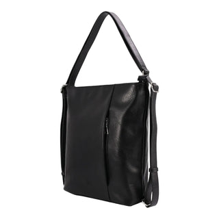 A black leather shoulder bag with a single shoulder strap and a detachable crossbody strap, shown from a side profile view against a light gray background.