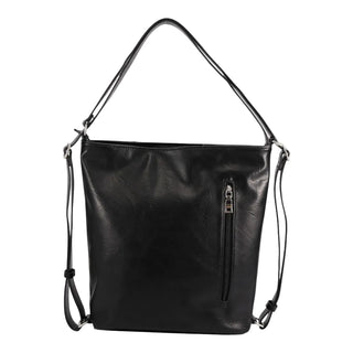 A black faux-leather shoulder bag with a vertical zippered pocket on the front, shown against a light gray background.