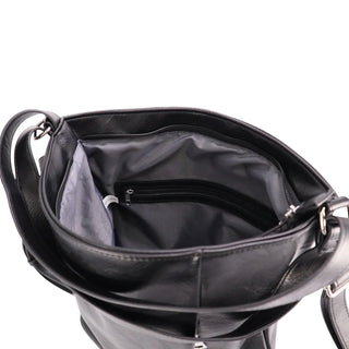 Black leather shoulder bag shown open to display the interior, featuring a black fabric lining, a zippered pocket, and silver-tone hardware on a light gray background.