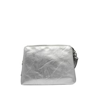 A metallic silver textured leather pouch bag with a top zipper and a small side strap, shown against a solid light gray background.