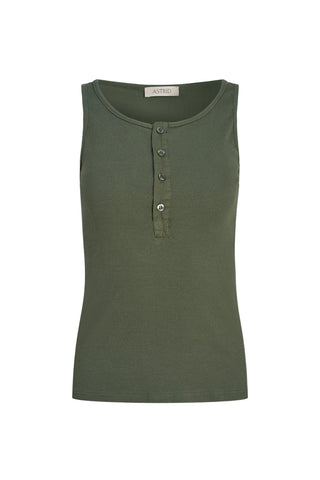 Green tank top with buttons on a light blue background