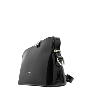 A black patent leather shoulder bag with silver-tone hardware and a small gold logo, shown from a side profile on a light gray background.