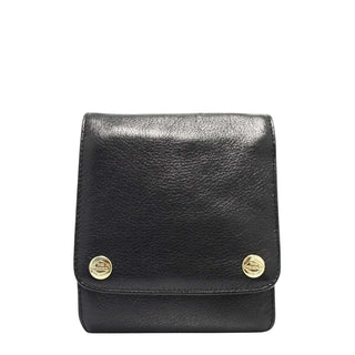 A black textured leather wallet with a flap closure and two gold-tone round snap buttons, shown against a light gray background.