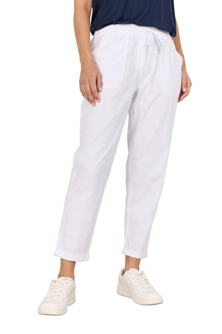 Person wearing white pants and white sneakers against a plain background