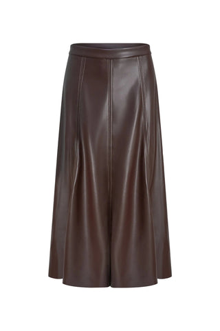 A dark brown faux-leather midi skirt with a wide waistband and front seam detailing, shown against a light gray background.