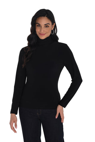 Woman wearing a black turtleneck sweater on a white background