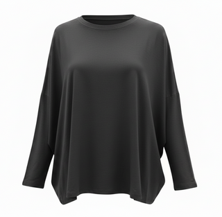 A black long-sleeve top with a wide, draped silhouette and a crew neckline, shown against a plain white background.