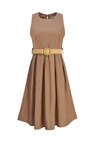 Brown dress with a gold belt on a light blue background
