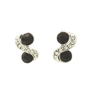 Pair of earrings with black gemstones and silver accents on a white background