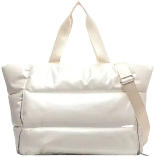 White tote bag with a strap on a white background