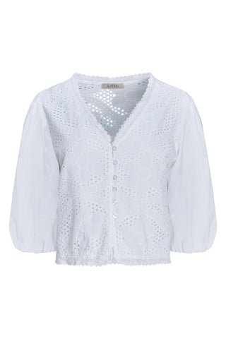 White lace top on a light blue background