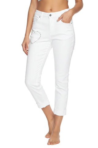 White jeans worn by a person on a white background