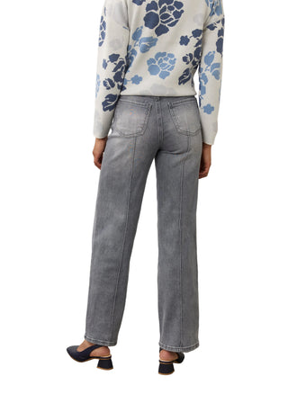 A model shown from the back wearing light gray wide-leg denim jeans, a white long-sleeve top with a blue floral pattern, and navy blue block-heel mules, set against a plain off-white wall and concrete floor.