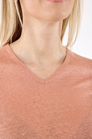 Close-up of a person wearing a pink V-neck shirt on a white background